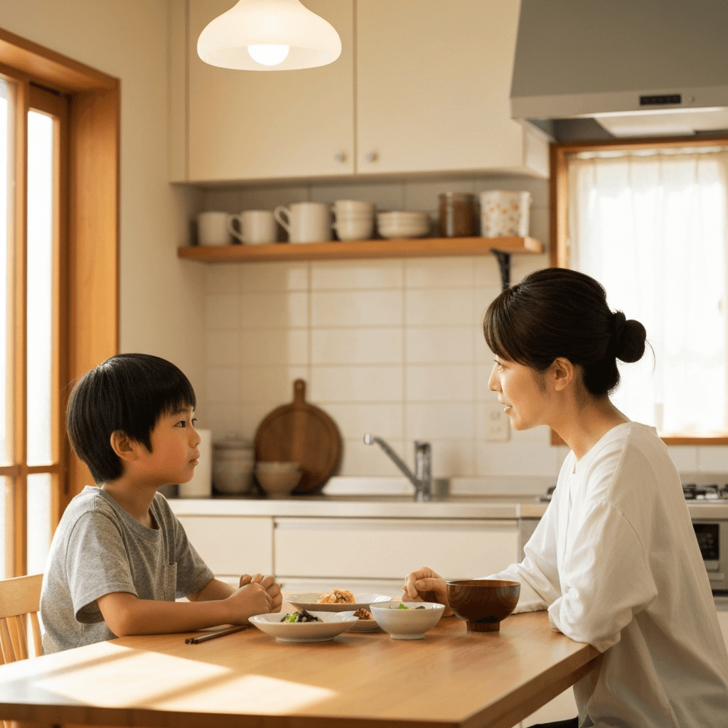 悩んでいる子どもと話し合う親