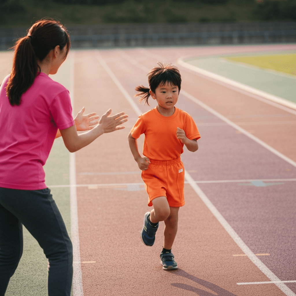 走る練習をしている子どもと見守る親