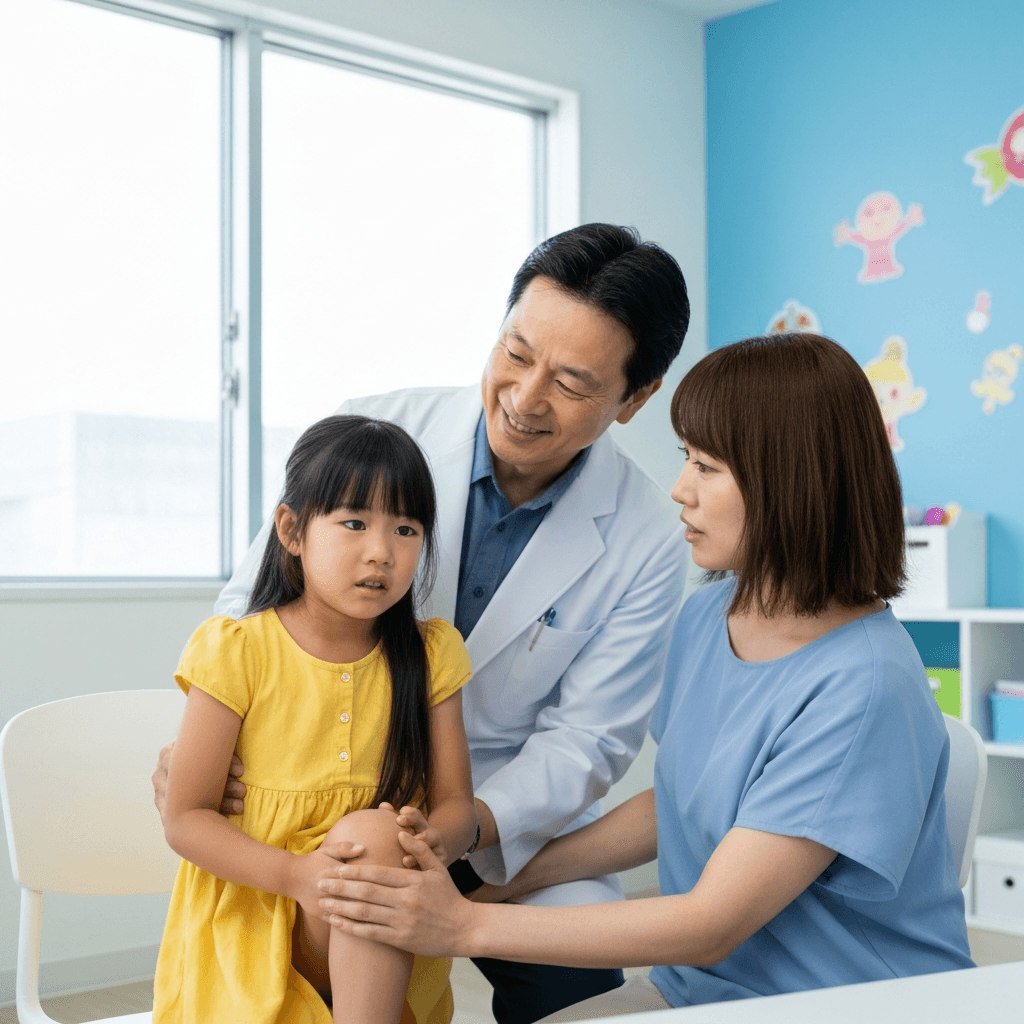 膝を押さえている子どもと心配する親