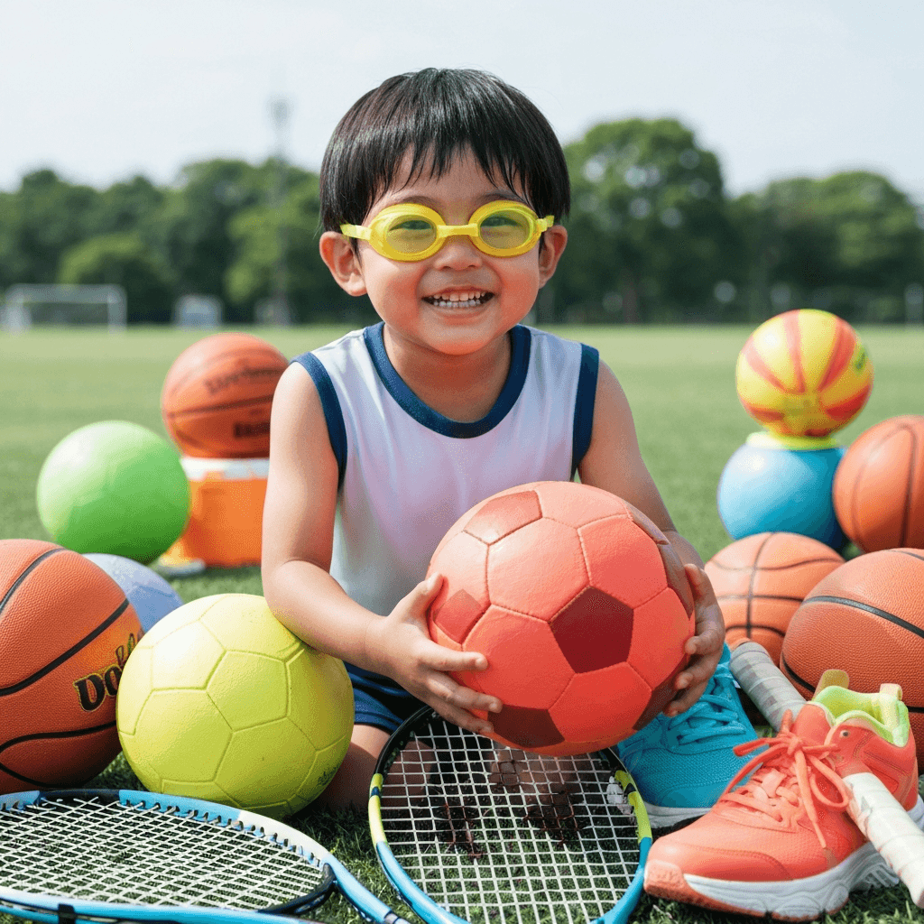 複数のスポーツ用具を持った子ども