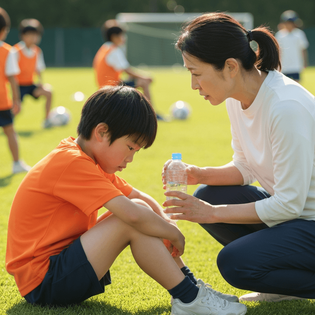 疲れた様子で休んでいる子ども
